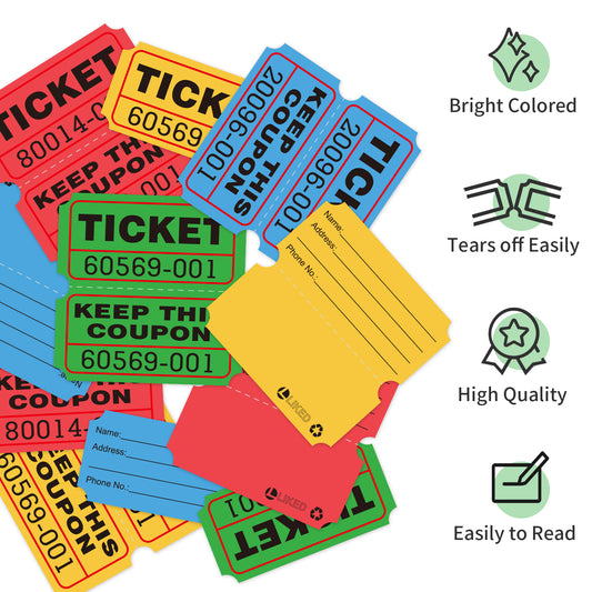 L LIKED 4000 Pairs Double Raffle Tickets - 4 Assorted Colors (Blue, Yellow, Red, Green), 1000 Tickets per Roll for Events, Fundraisers & Parties