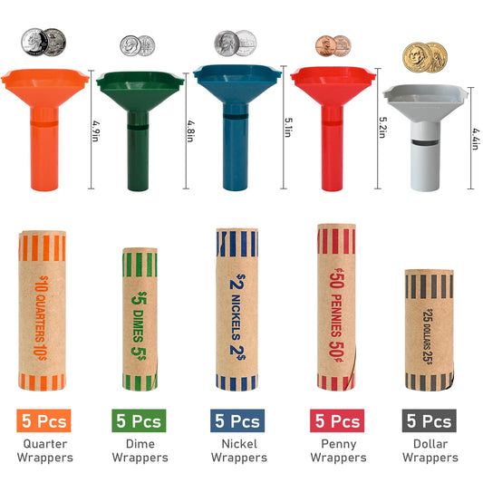 L LIKED 30 Assorted Preformed Coin Wrappers & 5 Coin Sorters Tubes, Color-Coded,Easy to Load