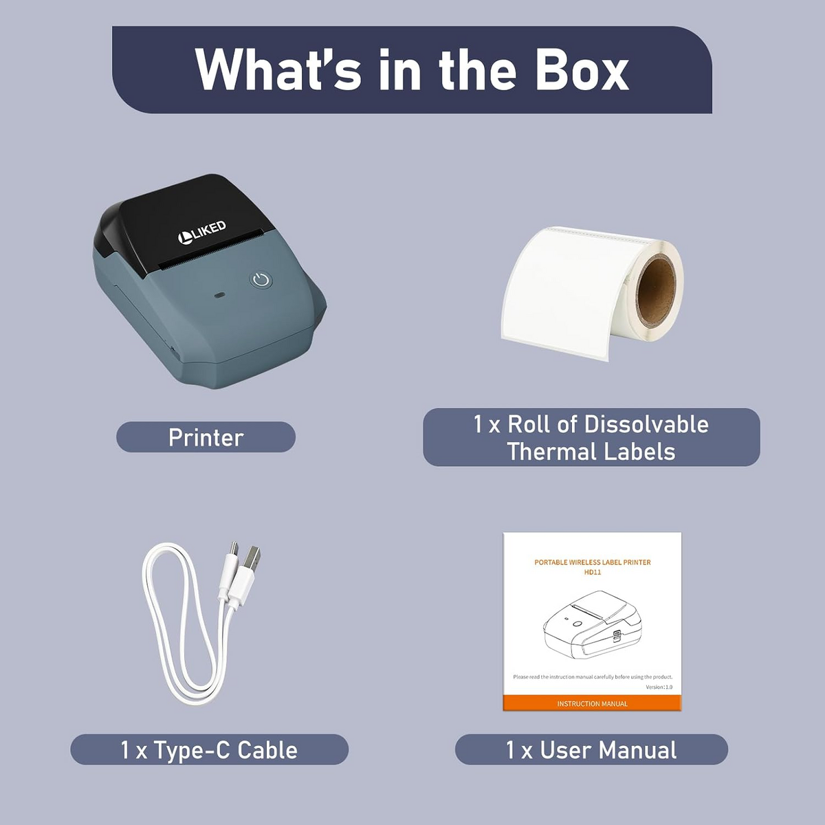 LLIKED HD11 2" Portable Bluetooth Thermal Label Printer With 1 Dissolvable labels, online Create Custom Stickers,for Small Businesses, Long-Life Print Head (approx 98,500+ Ft)