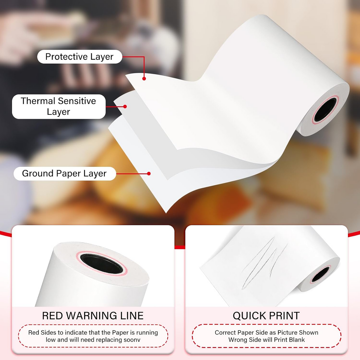 LLIKED 100 Rolls 2 1/4" x 50' Thermal Receipt Paper Roll BPA-Free Cash Register Paper, Smooth Print Paper Fits Most 58mm Mini POS Terminals & Credit Card Machines