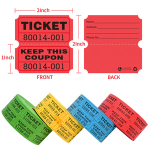 L LIKED 4000 Pairs Double Raffle Tickets - 4 Assorted Colors (Blue, Yellow, Red, Green), 1000 Tickets per Roll for Events, Fundraisers & Parties