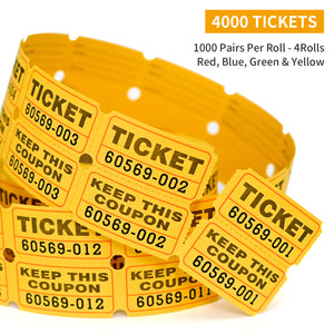 L LIKED 4000 Pairs Double Raffle Tickets - 4 Assorted Colors (Blue, Yellow, Red, Green), 1000 Tickets per Roll for Events, Fundraisers & Parties
