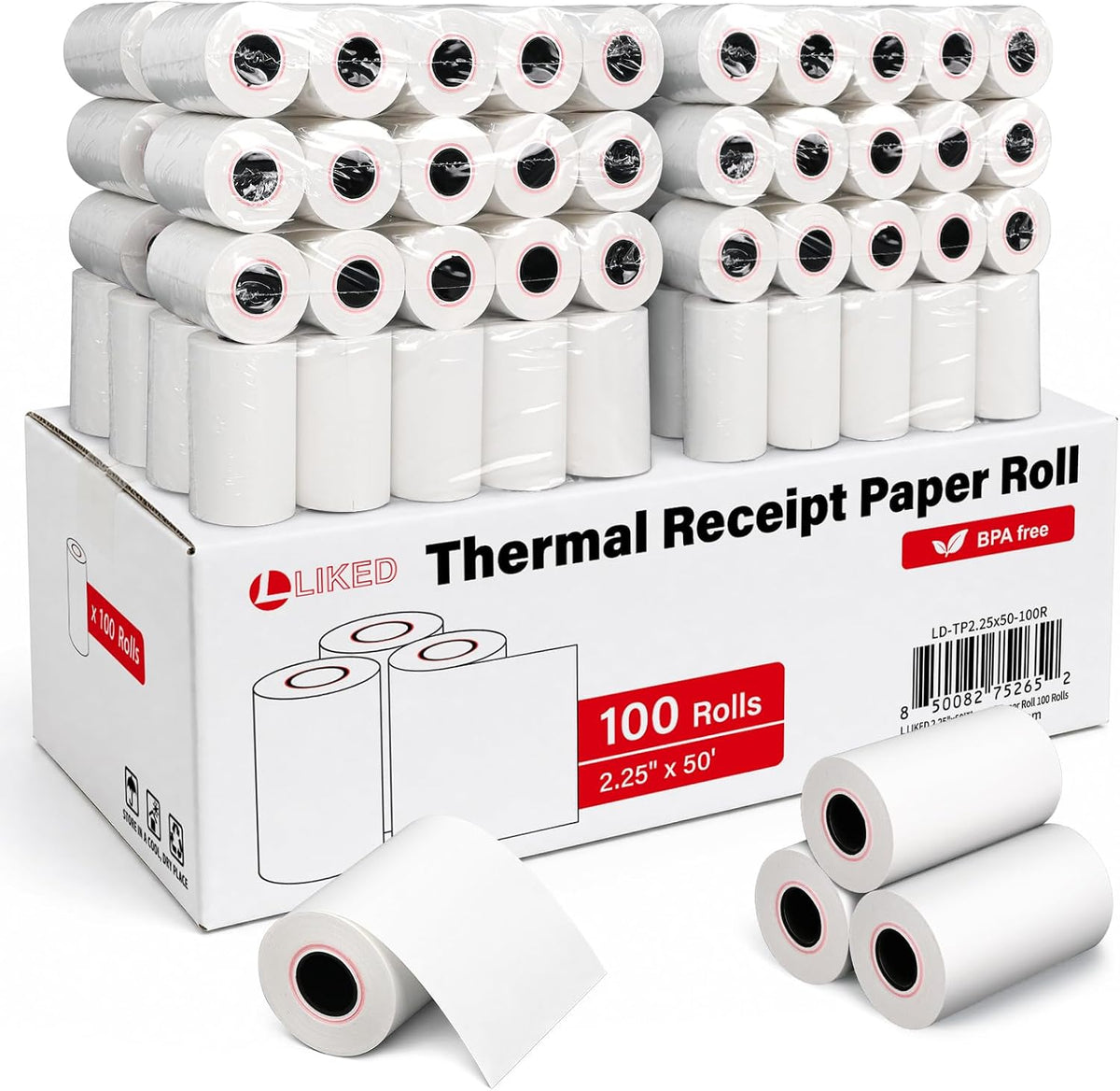 LLIKED 100 Rolls 2 1/4" x 50' Thermal Receipt Paper Roll BPA-Free Cash Register Paper, Smooth Print Paper Fits Most 58mm Mini POS Terminals & Credit Card Machines
