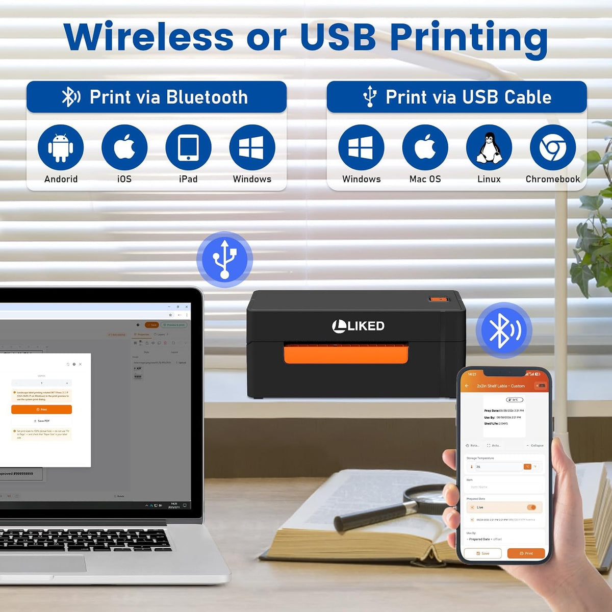 LLIKED LP56 4x6 Bluetooth Thermal Shipping Label Printer,Commercial Grade Long-Life Print Head (650K+ 4x6 Labels),for Small Businesses ,online design,Compatible with iPhone, Windows & Mac