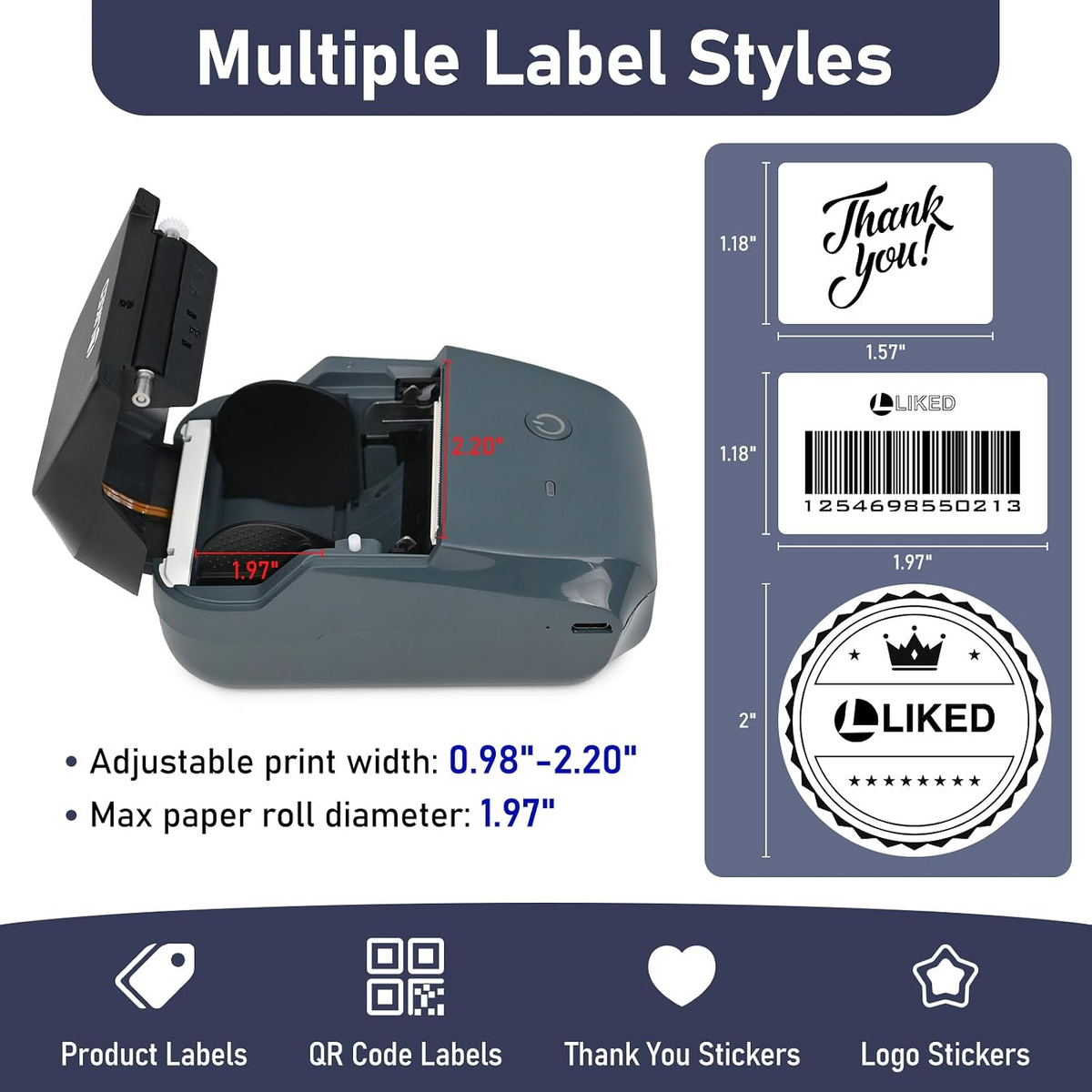 LLIKED HD11 2" Portable Bluetooth Thermal Label Printer With 1 Dissolvable labels, online Create Custom Stickers,for Small Businesses, Long-Life Print Head (approx 98,500+ Ft)
