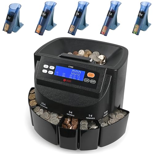 L LIKED CT550 USD Coin Sorter, Counter and Wrapper Machine Accurate sort for Nickels, Dimes, Quarters, Pennies, Dollars, Comes with 50 Performed Wrappers, 270 coins/min, LCD Display