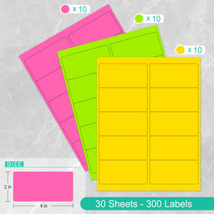L LIKED Neon Multi-Color Paper, Bright Fluorescent Stickers Handwritten or Inkjet/Laser Print Colored Labels, 2"X4" for Shipping Envelopes & Small Packages-Green, Yellow, Pink (30 Sheets 300 Labels)