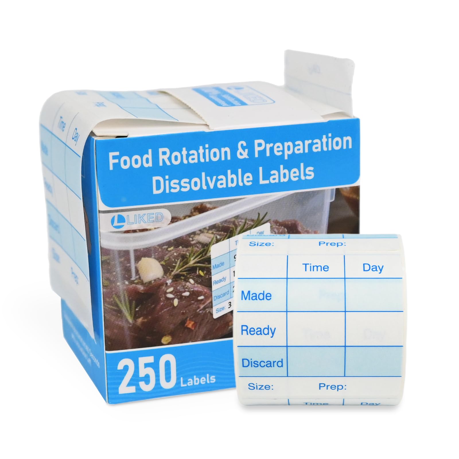 L LIKED 250 Pcs Made/Ready/Discard Dissolvable Labels 2"x2" Blue | BPA-free, microwave & dishwasher safe. -40~150°F. Includes dispenser box. For preparation, pantry, restaurant & meal prep