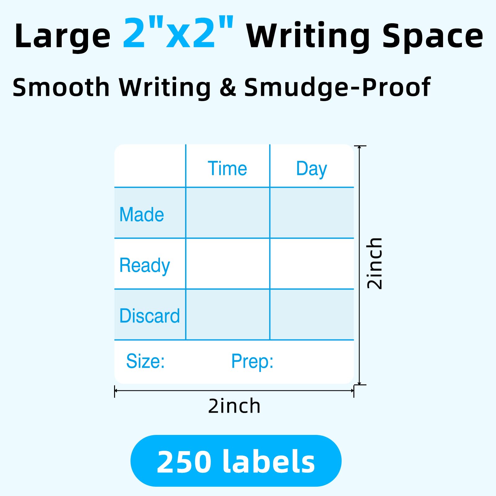 L LIKED 250 Pcs Made/Ready/Discard Dissolvable Labels 2"x2" Blue | BPA-free, microwave & dishwasher safe. -40~150°F. Includes dispenser box. For preparation, pantry, restaurant & meal prep