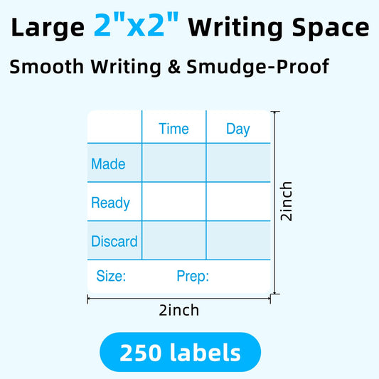 L LIKED 250 Pcs Made/Ready/Discard Dissolvable Labels 2"x2" Blue | BPA-free, microwave & dishwasher safe. -40~150°F. Includes dispenser box. For preparation, pantry, restaurant & meal prep