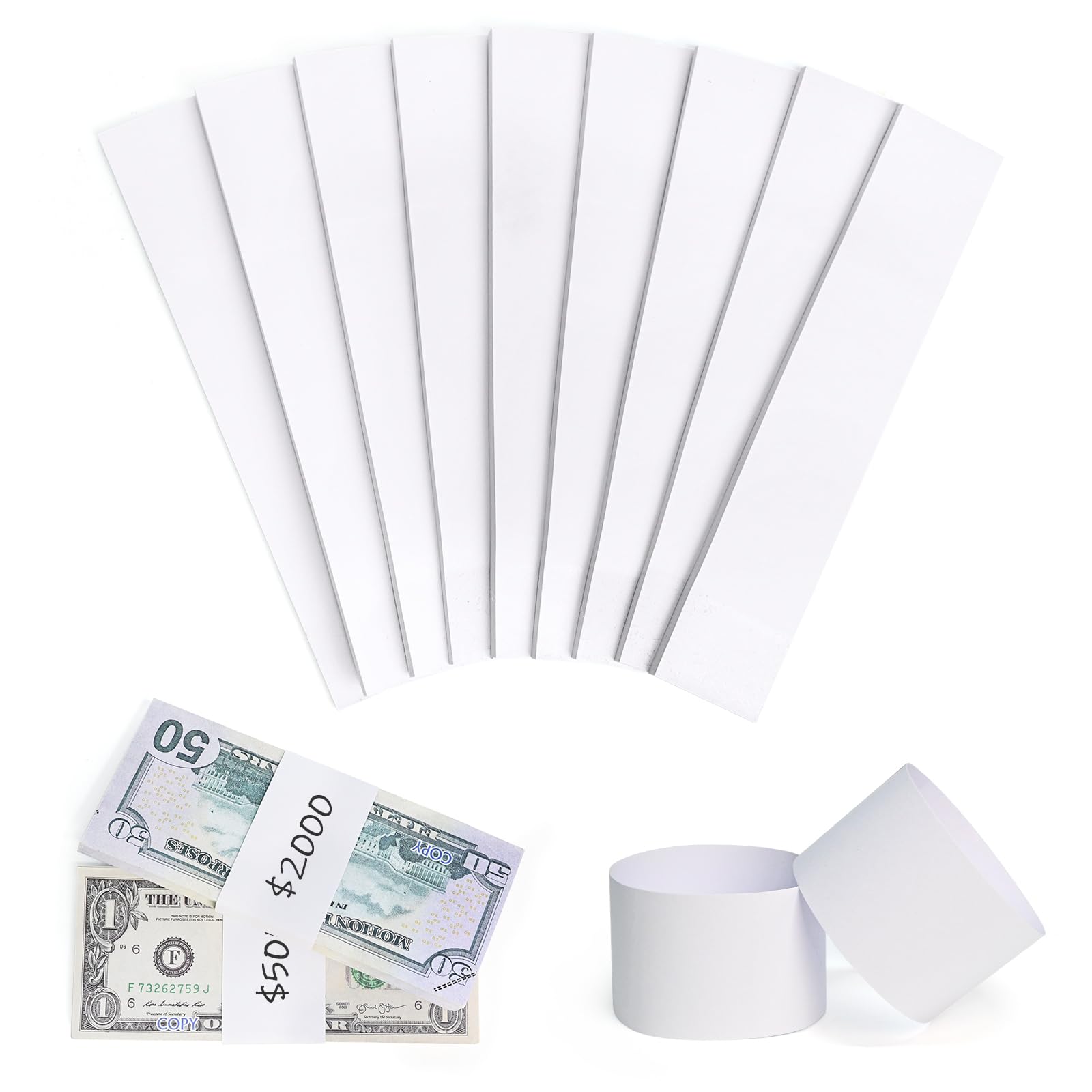 L LIKED Money Bands, Self Sealing Currency Money Straps for Bill Wrappers, Blank, White