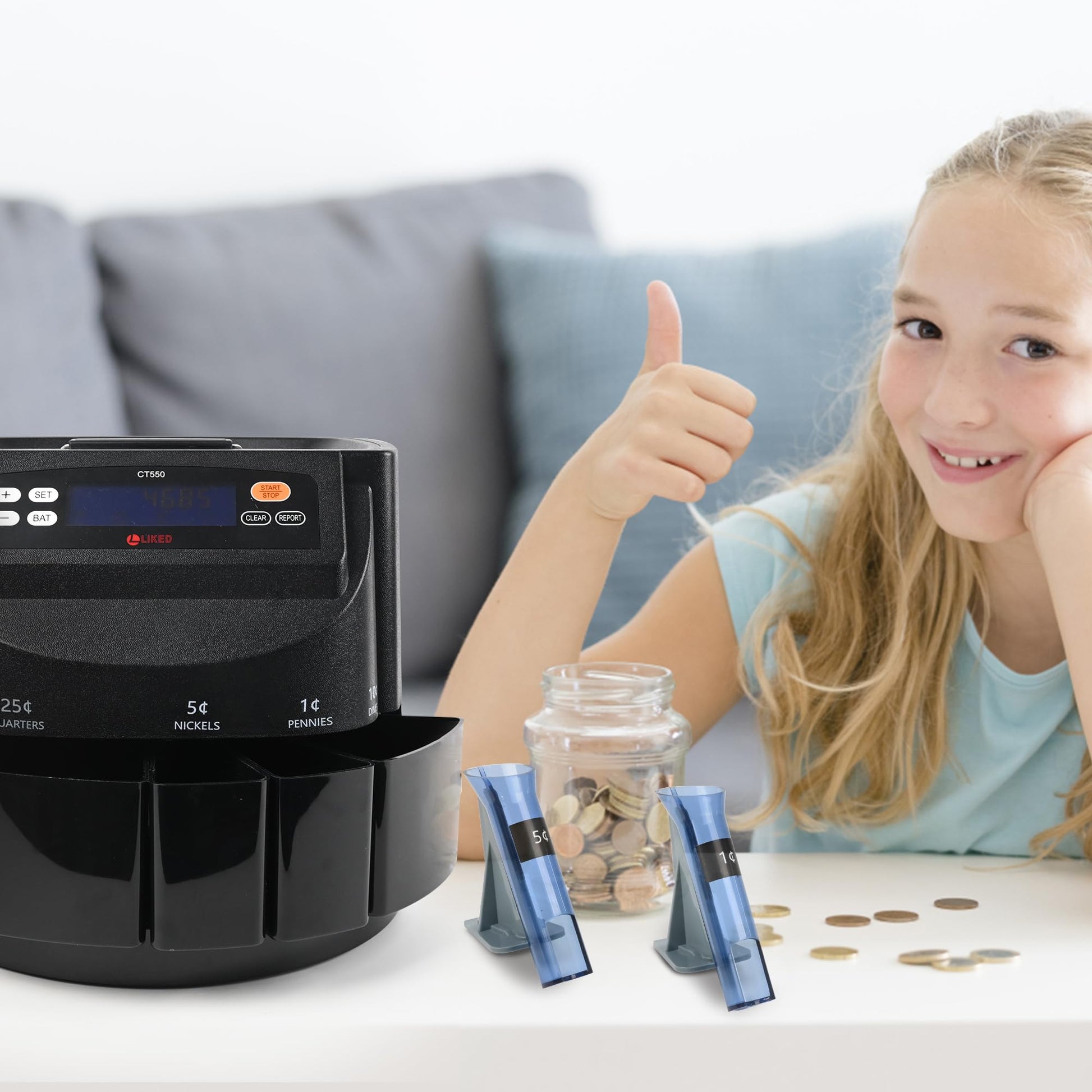 L LIKED CT550 USD Coin Sorter, Counter and Wrapper Machine Accurate sort for Nickels, Dimes, Quarters, Pennies, Dollars, Comes with 50 Performed Wrappers, 270 coins/min, LCD Display