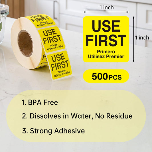 LLIKED 500 Pcs Use First Dissolvable Labels 1"x1" Water Soluble Labels Suitable for Inventory Control and Expiry Date Tracking in Pantry, Kitchen, Restaurant, Cafe and Food Service.