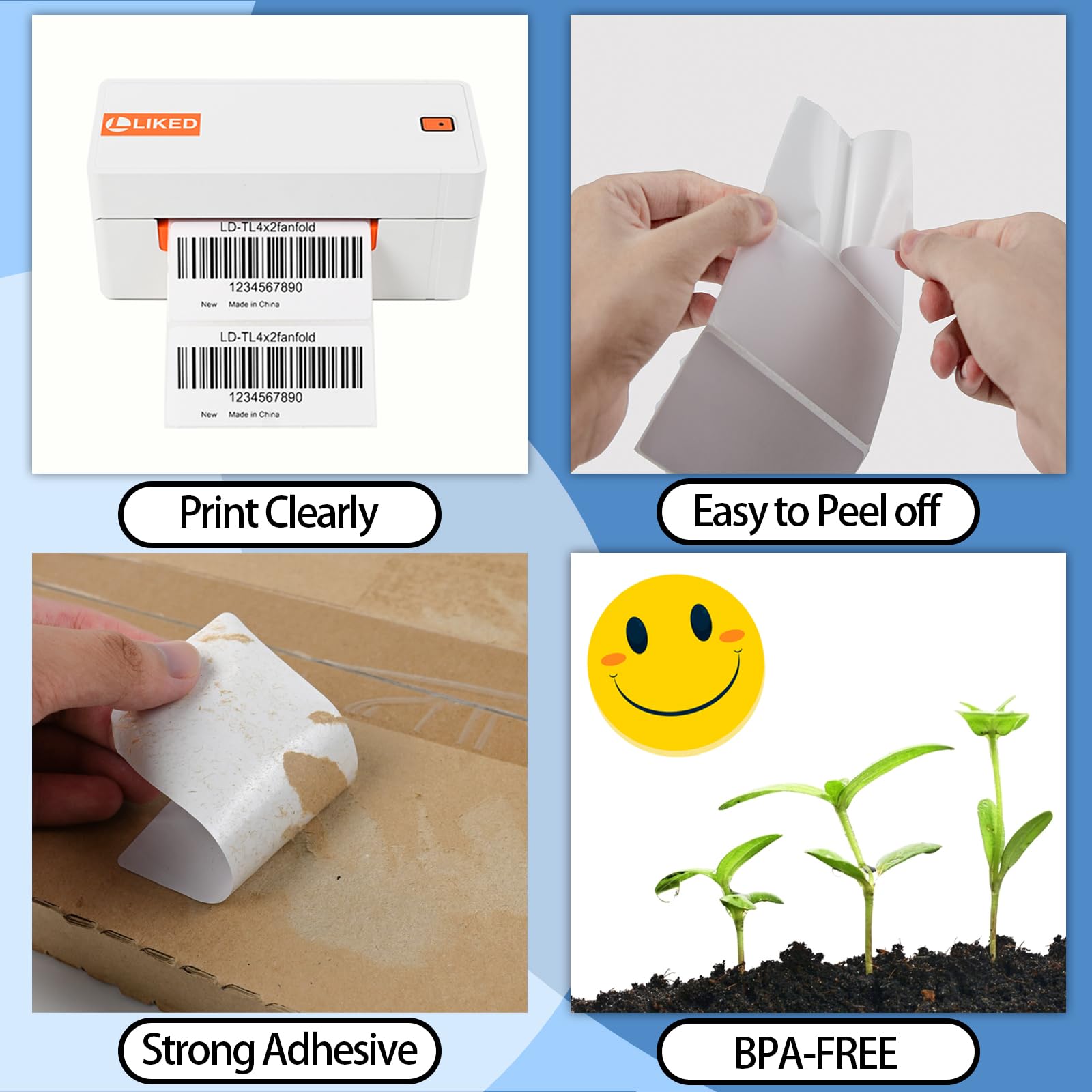 L LIKED 4" X 2" Fanfold Direct Thermal Labels - 500/1000 Total UPC and Shipping Labels Compatible with Zebra, Munbyn, and Rollo Thermal Printers