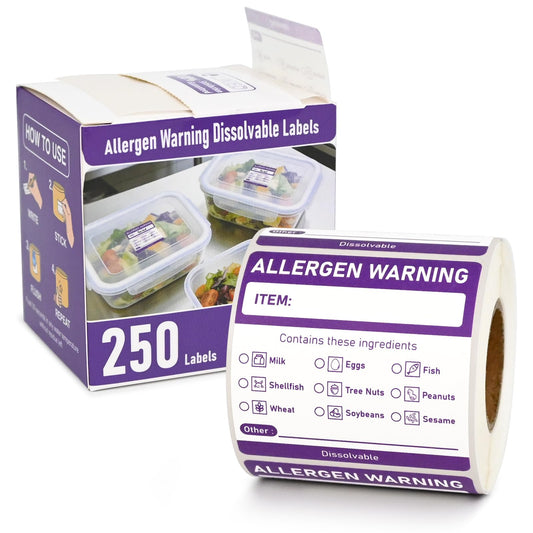 L LIKED 250 Pcs Purple Allergen Alert Dissolvable Labels 2"x2" | Standard 9 allergen checklist, PFAS free, biodegradable. Includes dispenser box. For food service, restaurants & meal prep