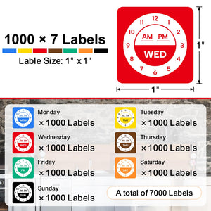 L LIKED 7000 Pcs Day of Week Dissolvable Labels 1"x1" Water Soluble Labels | Clock design,one day one color for FIFO. Writable -40~150°F, dishwasher safe. For restaurant kitchen & pantry