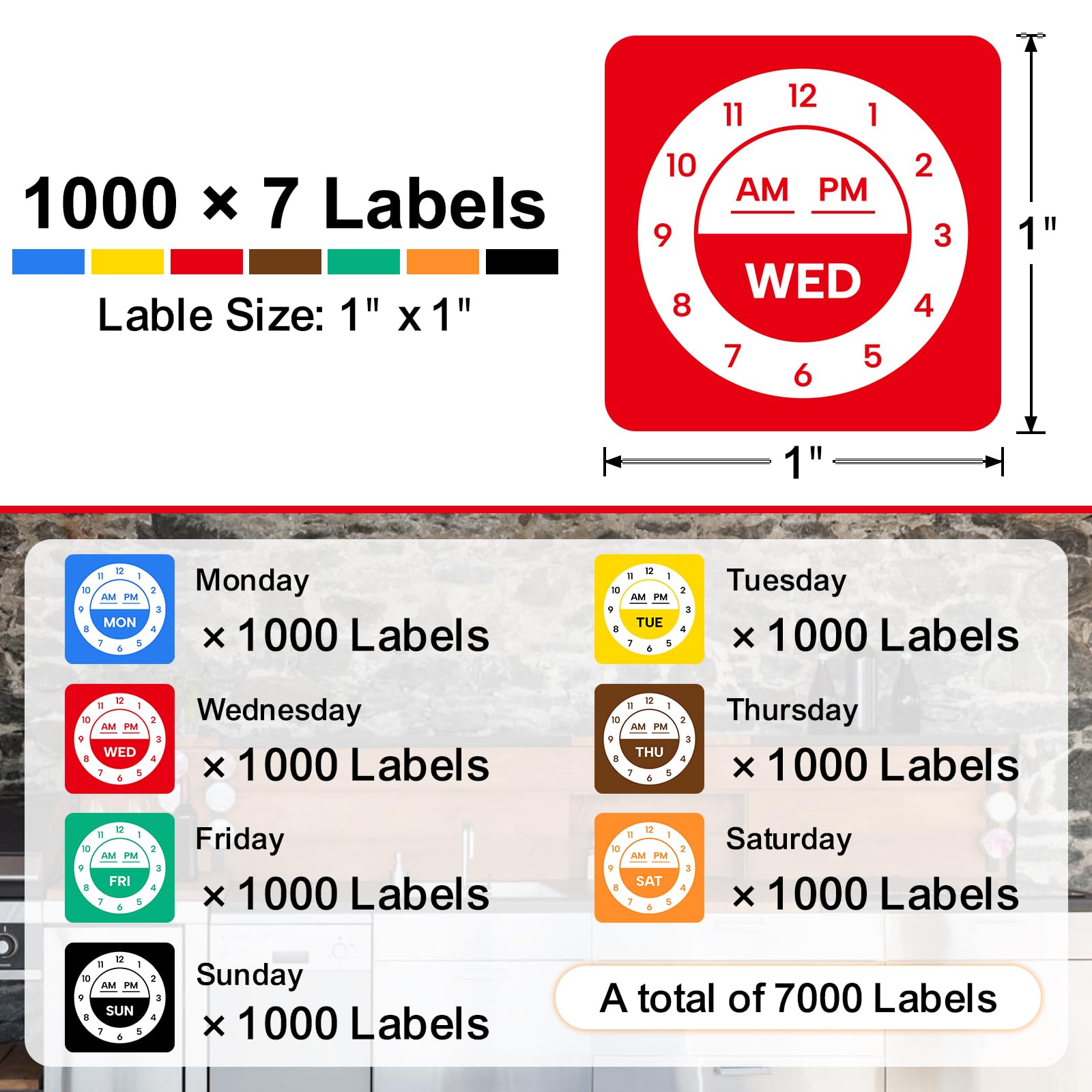 L LIKED 7000 Pcs Day of Week Dissolvable Labels 1"x1" Water Soluble Labels | Clock design,one day one color for FIFO. Writable -40~150°F, dishwasher safe. For restaurant kitchen & pantry