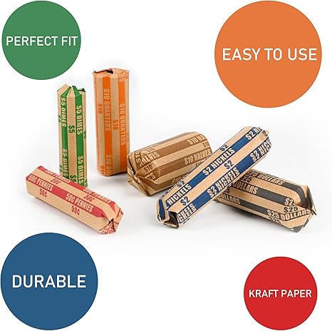 L Liked 200-Count Assorted Coin Roll Wrappers - Fits Pennies, Nickels, Dimes, Quarters, Dollars & Halves