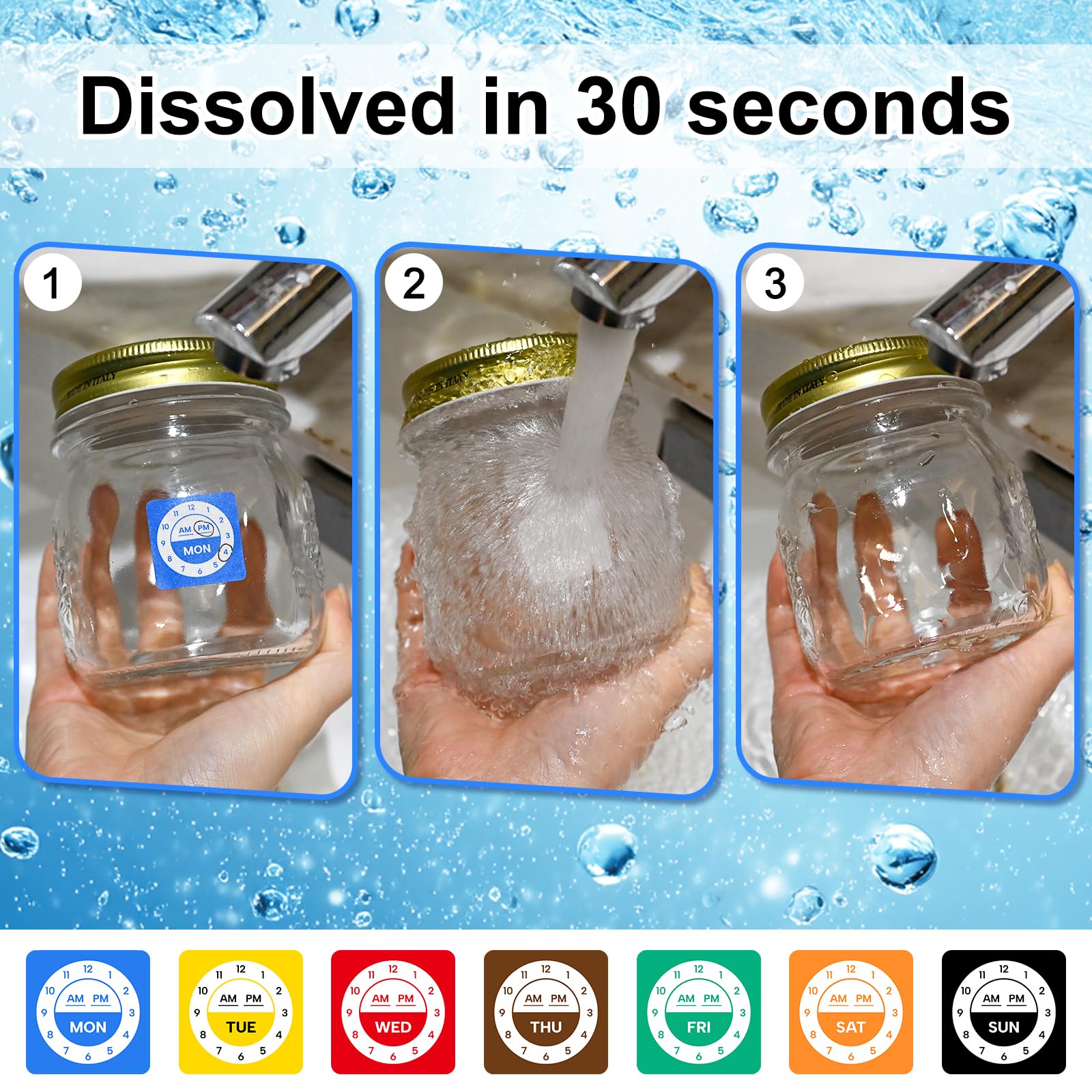 L LIKED 7000 Pcs Day of Week Dissolvable Labels 1"x1" Water Soluble Labels | Clock design,one day one color for FIFO. Writable -40~150°F, dishwasher safe. For restaurant kitchen & pantry