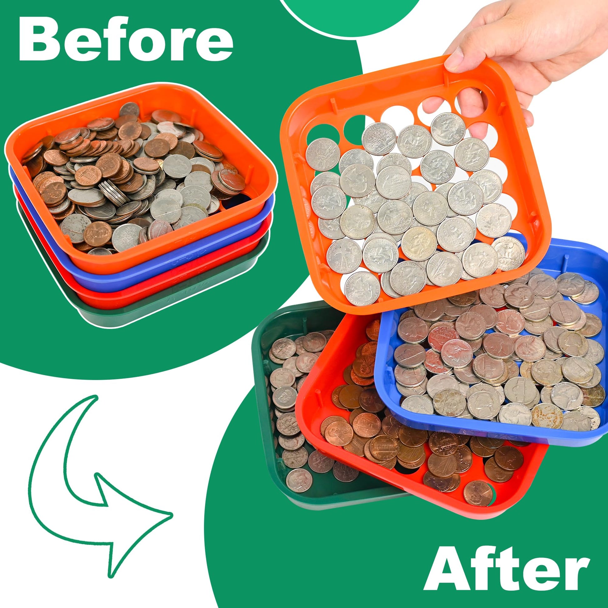 L LIKED Coin Sorter Tray & Coin Sorter Tube - 4 Color Coded Coin Separator Trays and Coin Sorters Tubes Bundle with 100 PCS Coin Wrappers Assorted