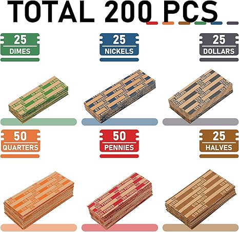 L Liked 200-Count Assorted Coin Roll Wrappers - Fits Pennies, Nickels, Dimes, Quarters, Dollars & Halves