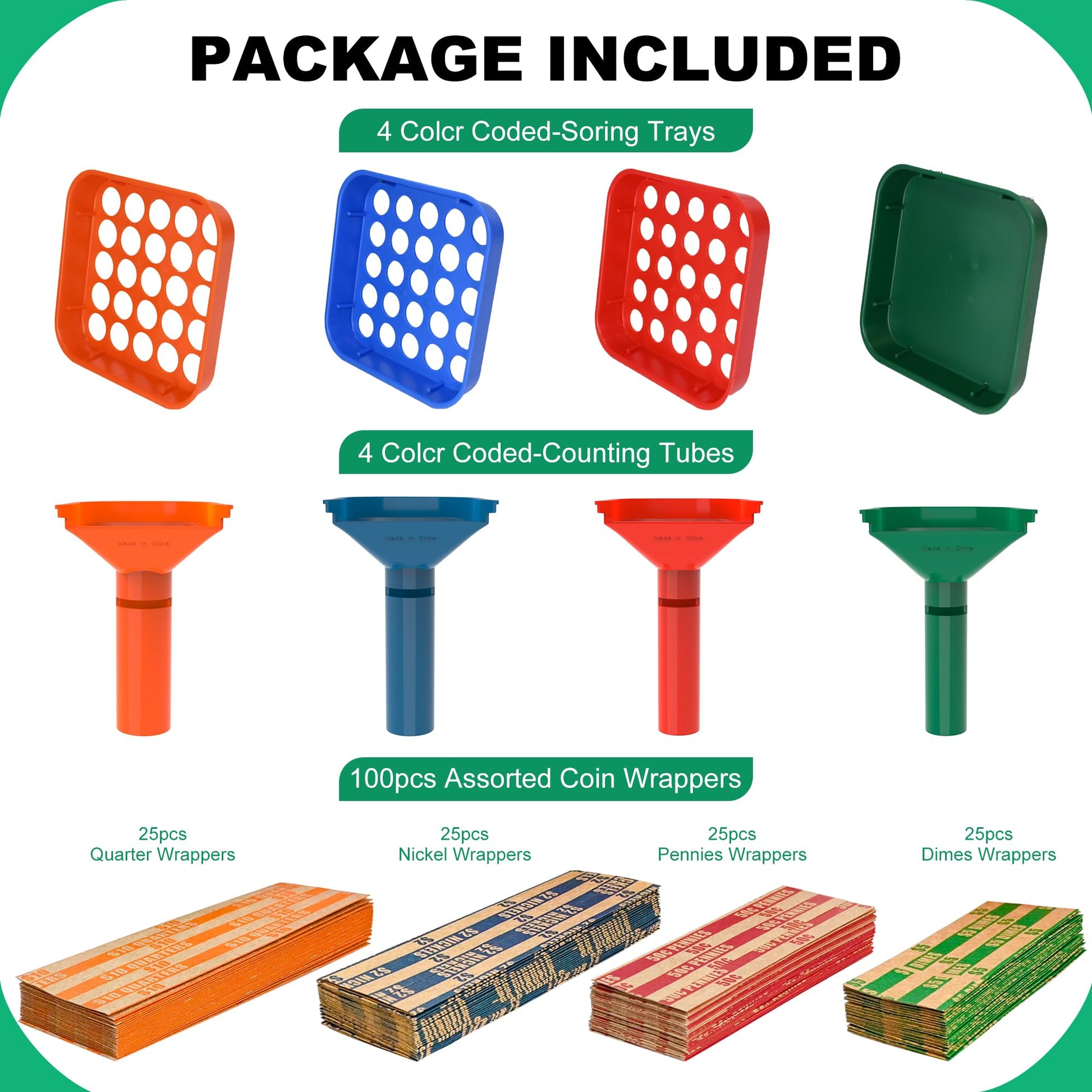 L LIKED Coin Sorter Tray & Coin Sorter Tube - 4 Color Coded Coin Separator Trays and Coin Sorters Tubes Bundle with 100 PCS Coin Wrappers Assorted