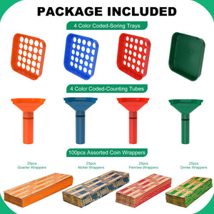 L LIKED Coin Sorter Tray & Coin Sorter Tube - 4 Color Coded Coin Separator Trays and Coin Sorters Tubes Bundle with 100 PCS Coin Wrappers Assorted