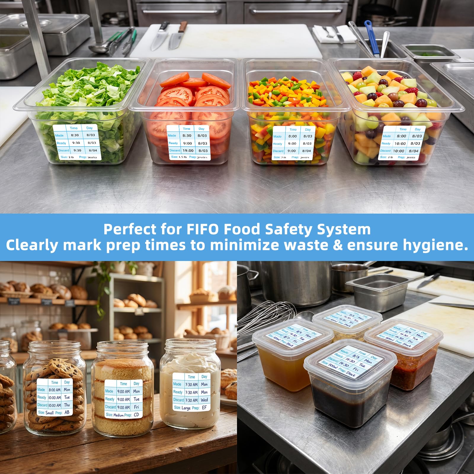 L LIKED 250 Pcs Made/Ready/Discard Dissolvable Labels 2"x2" Blue | BPA-free, microwave & dishwasher safe. -40~150°F. Includes dispenser box. For preparation, pantry, restaurant & meal prep