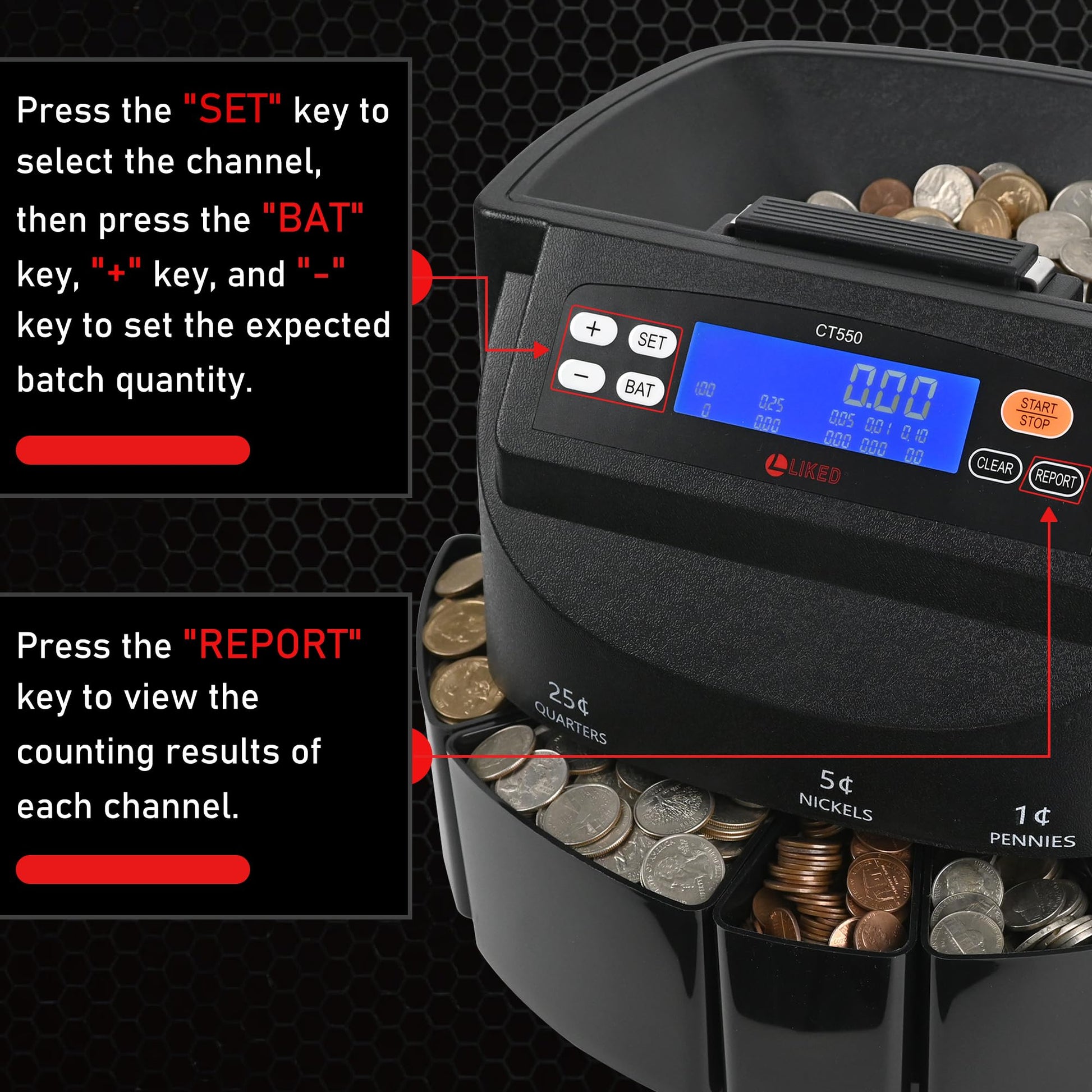 L LIKED CT550 USD Coin Sorter, Counter and Wrapper Machine Accurate sort for Nickels, Dimes, Quarters, Pennies, Dollars, Comes with 50 Performed Wrappers, 270 coins/min, LCD Display