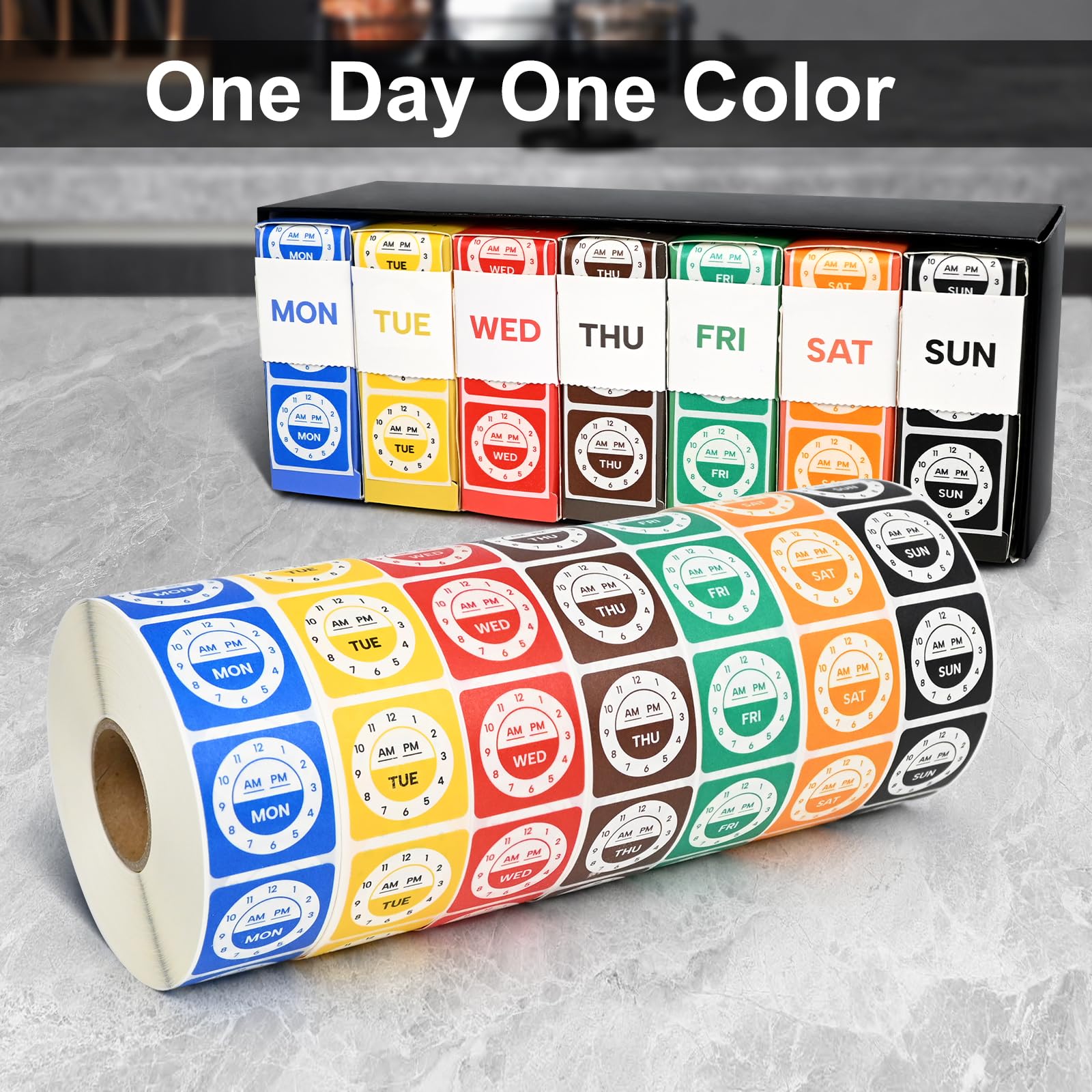 L LIKED 7000 Pcs Day of Week Dissolvable Labels 1"x1" Water Soluble Labels | Clock design,one day one color for FIFO. Writable -40~150°F, dishwasher safe. For restaurant kitchen & pantry