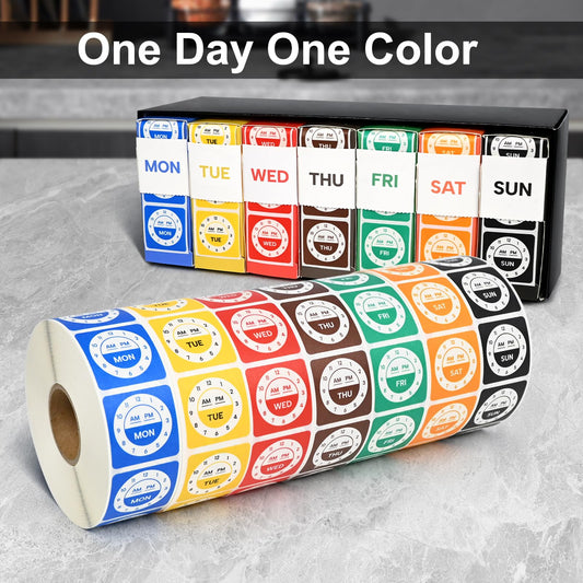 L LIKED 7000 Pcs Day of Week Dissolvable Labels 1"x1" Water Soluble Labels | Clock design,one day one color for FIFO. Writable -40~150°F, dishwasher safe. For restaurant kitchen & pantry