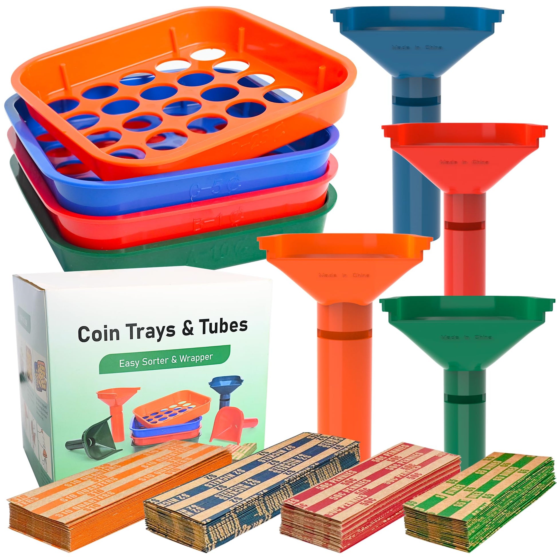 L LIKED Coin Sorter Tray & Coin Sorter Tube - 4 Color Coded Coin Separator Trays and Coin Sorters Tubes Bundle with 100 PCS Coin Wrappers Assorted