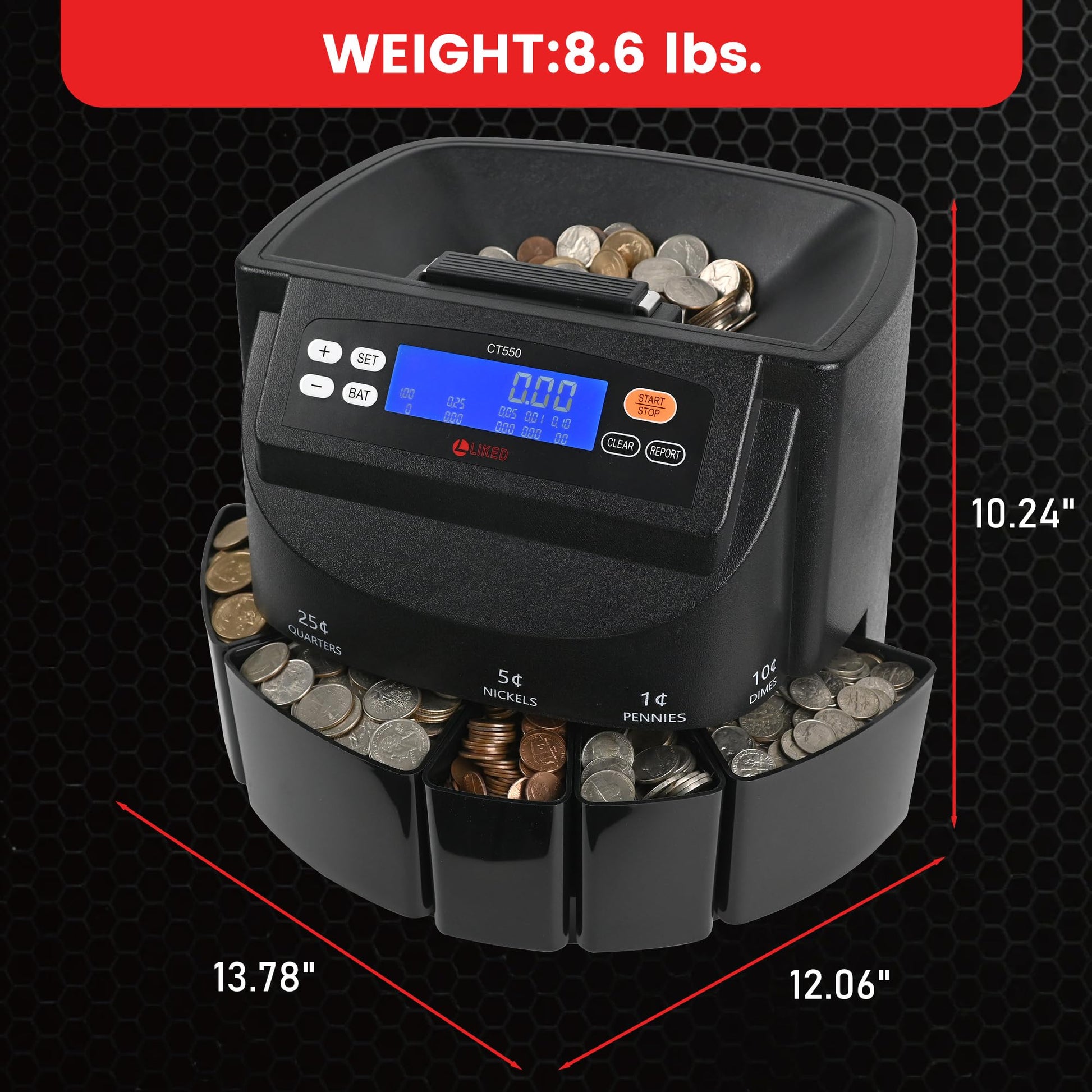 L LIKED CT550 USD Coin Sorter, Counter and Wrapper Machine Accurate sort for Nickels, Dimes, Quarters, Pennies, Dollars, Comes with 50 Performed Wrappers, 270 coins/min, LCD Display