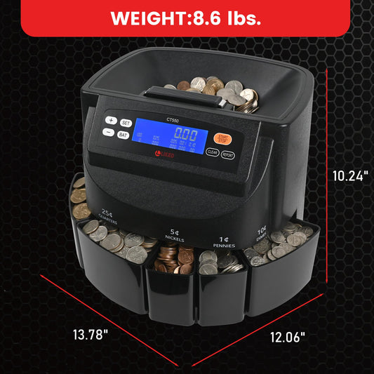 L LIKED CT550 USD Coin Sorter, Counter and Wrapper Machine Accurate sort for Nickels, Dimes, Quarters, Pennies, Dollars, Comes with 50 Performed Wrappers, 270 coins/min, LCD Display