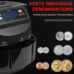 L LIKED CT550 USD Coin Sorter, Counter and Wrapper Machine Accurate sort for Nickels, Dimes, Quarters, Pennies, Dollars, Comes with 50 Performed Wrappers, 270 coins/min, LCD Display