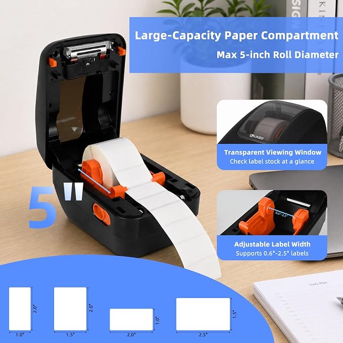LLIKED WT20 2.5" Bluetooth Thermal Printer -Commercial Grade Long-Life Print Head (approx 98,500+ Ft), for Small Businesses, online design, Commercial Printer, Create Custom Stickers