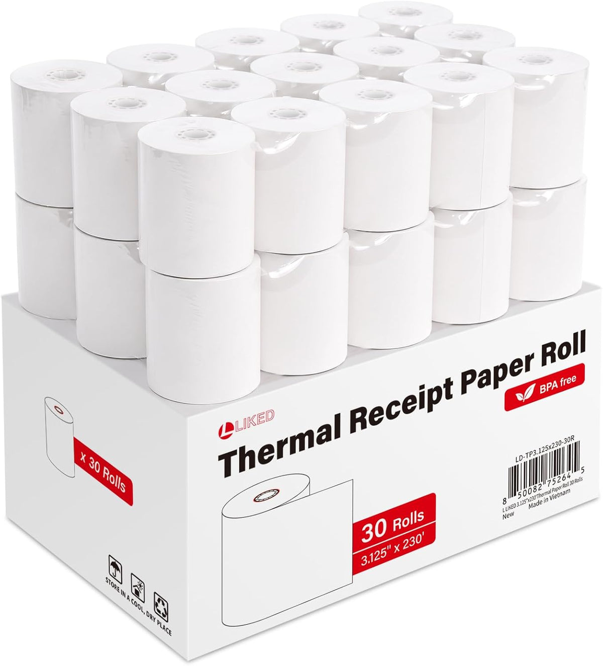 LLIKED 30 Rolls 3 1/8" x 230' Thermal Receipt Paper Roll BPA-Free Cash Register Paper, Smooth Print Paper Fits Most Standard Credit Card & POS Terminals