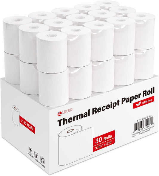 LLIKED 30 Rolls 3 1/8" x 230' Thermal Receipt Paper Roll BPA-Free Cash Register Paper, Smooth Print Paper Fits Most Standard Credit Card & POS Terminals