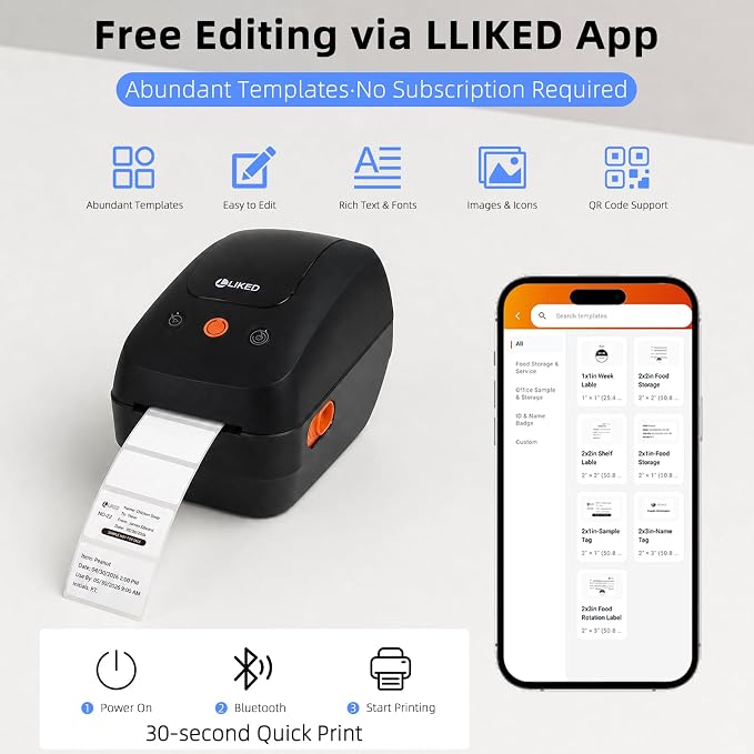 LLIKED WT20 2.5" Bluetooth Thermal Printer -Commercial Grade Long-Life Print Head (approx 98,500+ Ft), for Small Businesses, online design, Commercial Printer, Create Custom Stickers