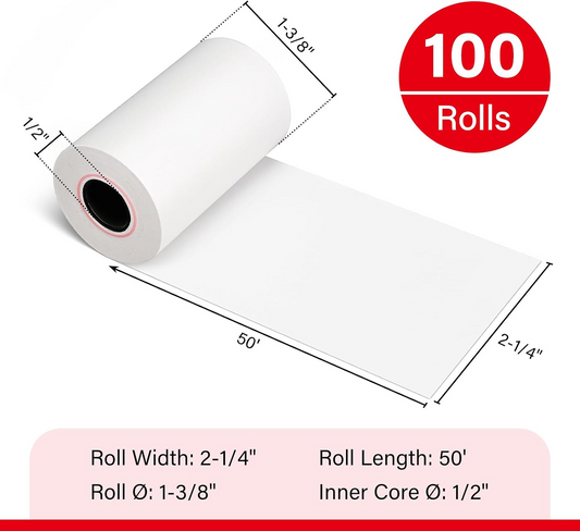LLIKED 100 Rolls 2 1/4" x 50' Thermal Receipt Paper Roll BPA-Free Cash Register Paper, Smooth Print Paper Fits Most 58mm Mini POS Terminals & Credit Card Machines