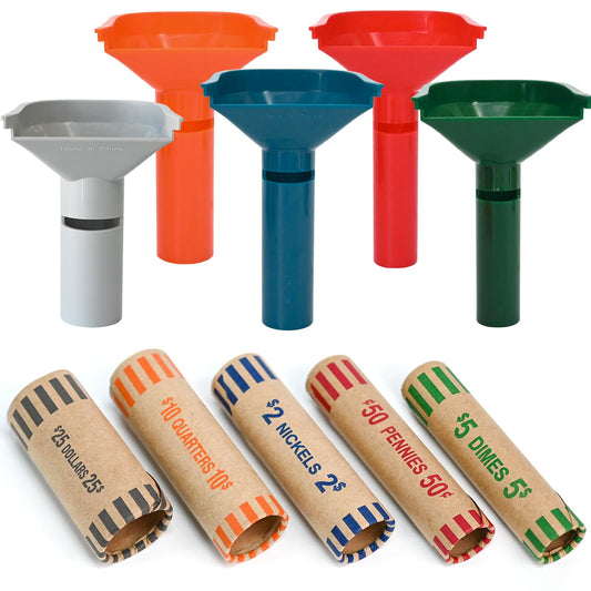 L LIKED 30 Assorted Preformed Coin Wrappers & 5 Coin Sorters Tubes, Color-Coded,Easy to Load