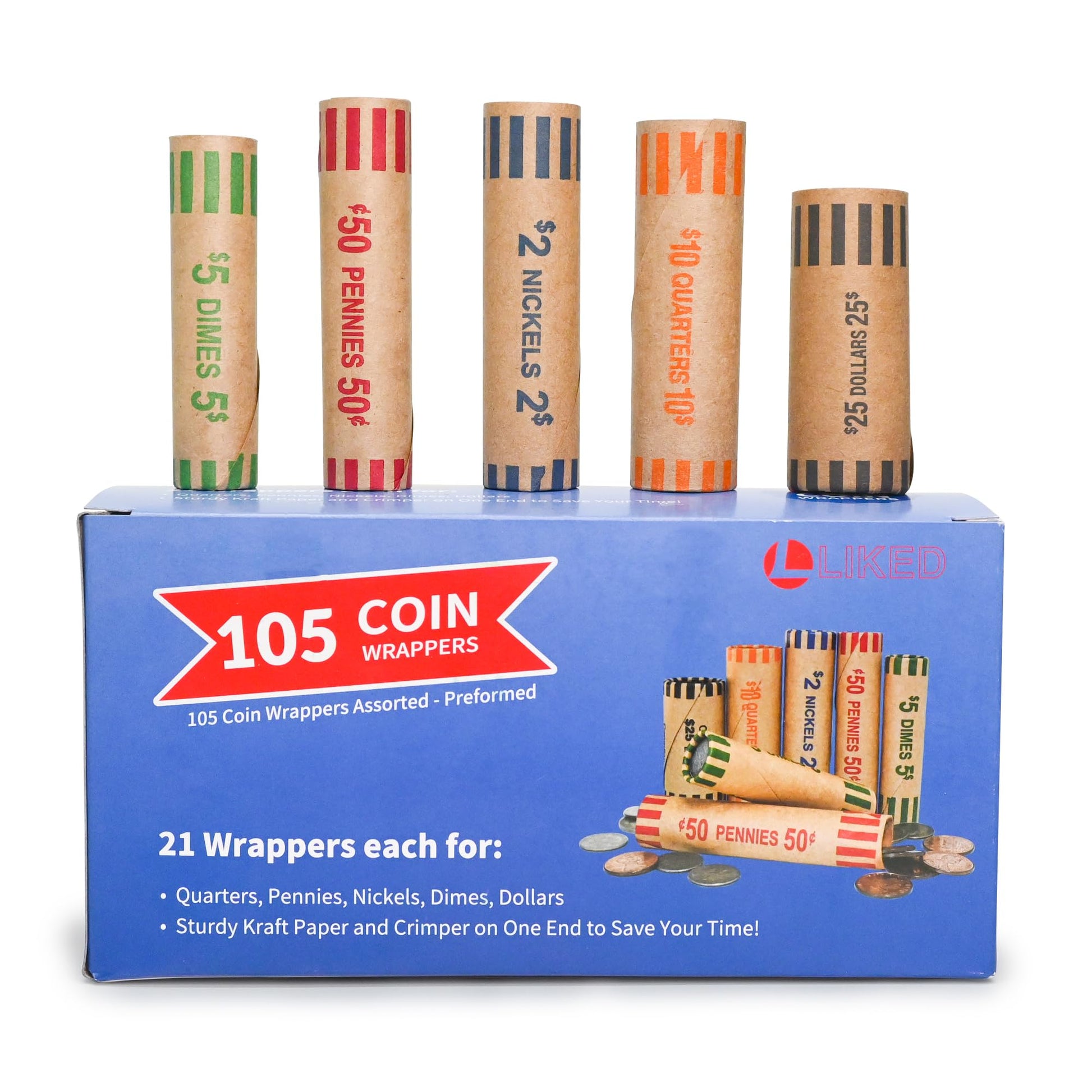 L LIKED 105 Assorted Preformed Coin Wrappers 21 Quarters, 21 Pennies, 21 Nickels 21 Dimes and 21 Dollars (105 pcs)
