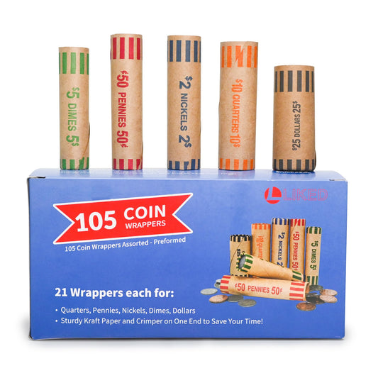 L LIKED 105 Assorted Preformed Coin Wrappers 21 Quarters, 21 Pennies, 21 Nickels 21 Dimes and 21 Dollars (105 pcs)