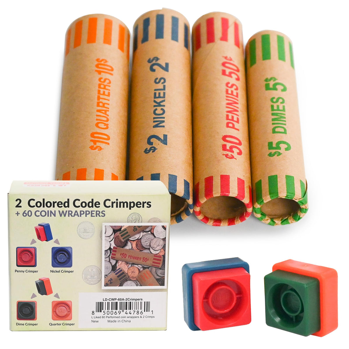 Universal Coin Wrappers L LIKED 60 Assorted Coin Wrappers Preformed Tubes & 2 Crimping Wrapper ...