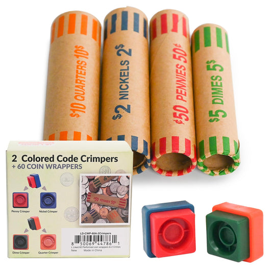 L LIKED 60 Assorted Coin Wrappers Preformed Tubes & 2 Crimping Wrapper Tools -(Quarters, Pennies, Nickels and Dimes)