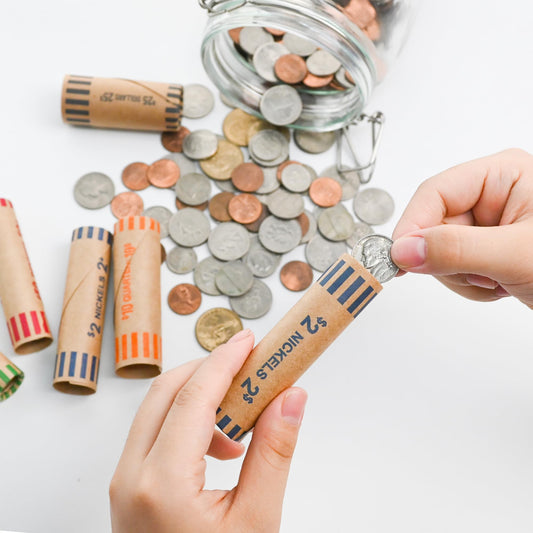 L LIKED 105 Assorted Preformed Coin Wrappers 21 Quarters, 21 Pennies, 21 Nickels 21 Dimes and 21 Dollars (105 pcs)