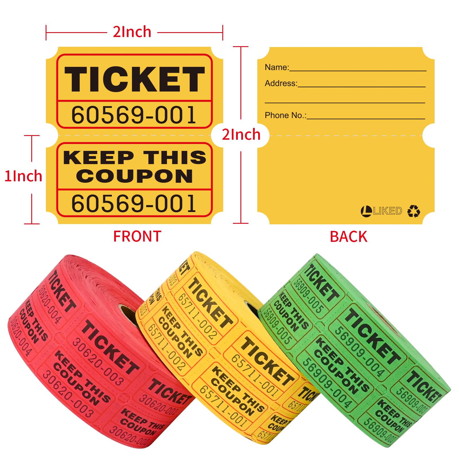 L LIKED 3000 Assorted Raffle Tickets Double Roll,Consecutively Numbered,50/50 Raffle Tickets for Event,Party,Prize,Drawing(Red,Green,Yellow)