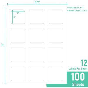 L LIKED 1200 Printable Matte Square Sticker Labels, 2" x 2" - 12 Labels/Sheet, 100 Sheets - Strong Adhesive, Bright White, Compatible with Laser & Inkjet Printers for Home & Office Organization