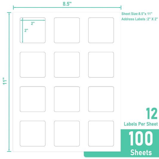 L LIKED 1200 Printable Matte Square Sticker Labels, 2" x 2" - 12 Labels/Sheet, 100 Sheets - Strong Adhesive, Bright White, Compatible with Laser & Inkjet Printers for Home & Office Organization
