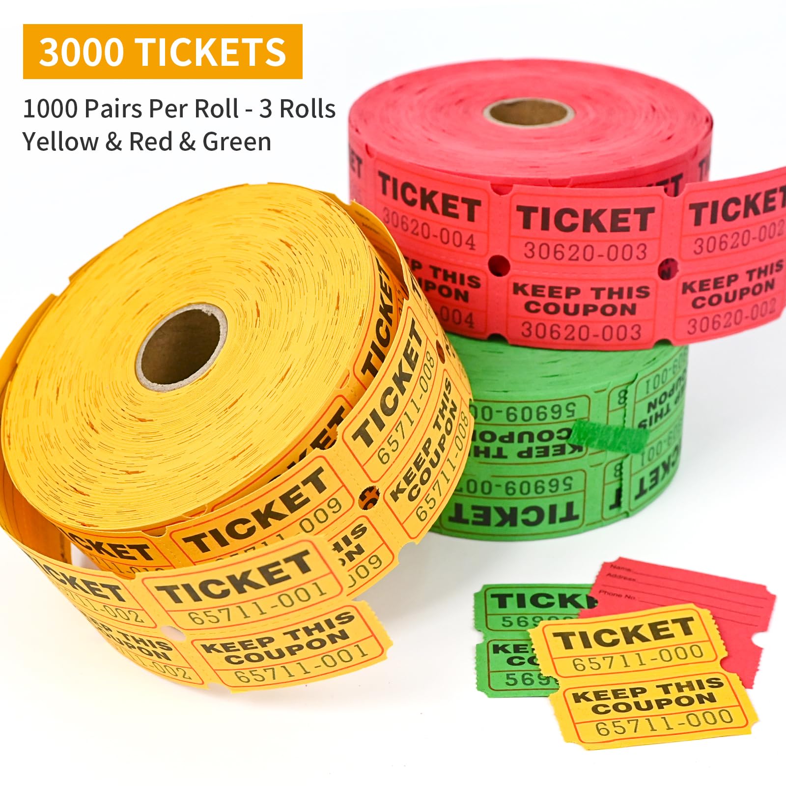 L LIKED 3000 Assorted Raffle Tickets Double Roll,Consecutively Numbered,50/50 Raffle Tickets for Event,Party,Prize,Drawing(Red,Green,Yellow)